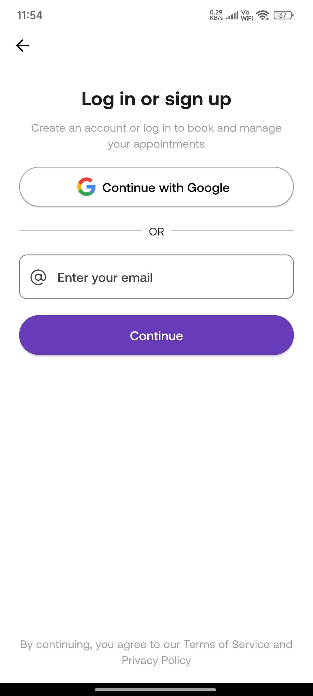 User login screen