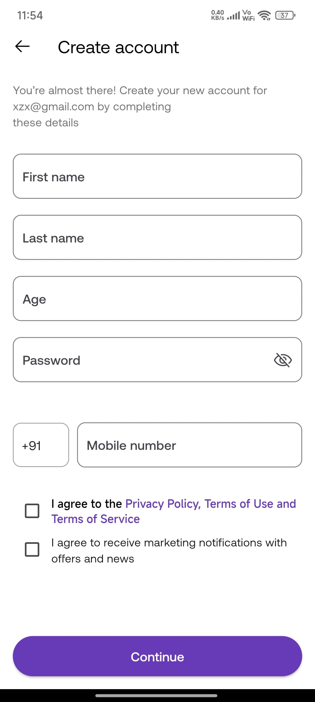 User signup screen