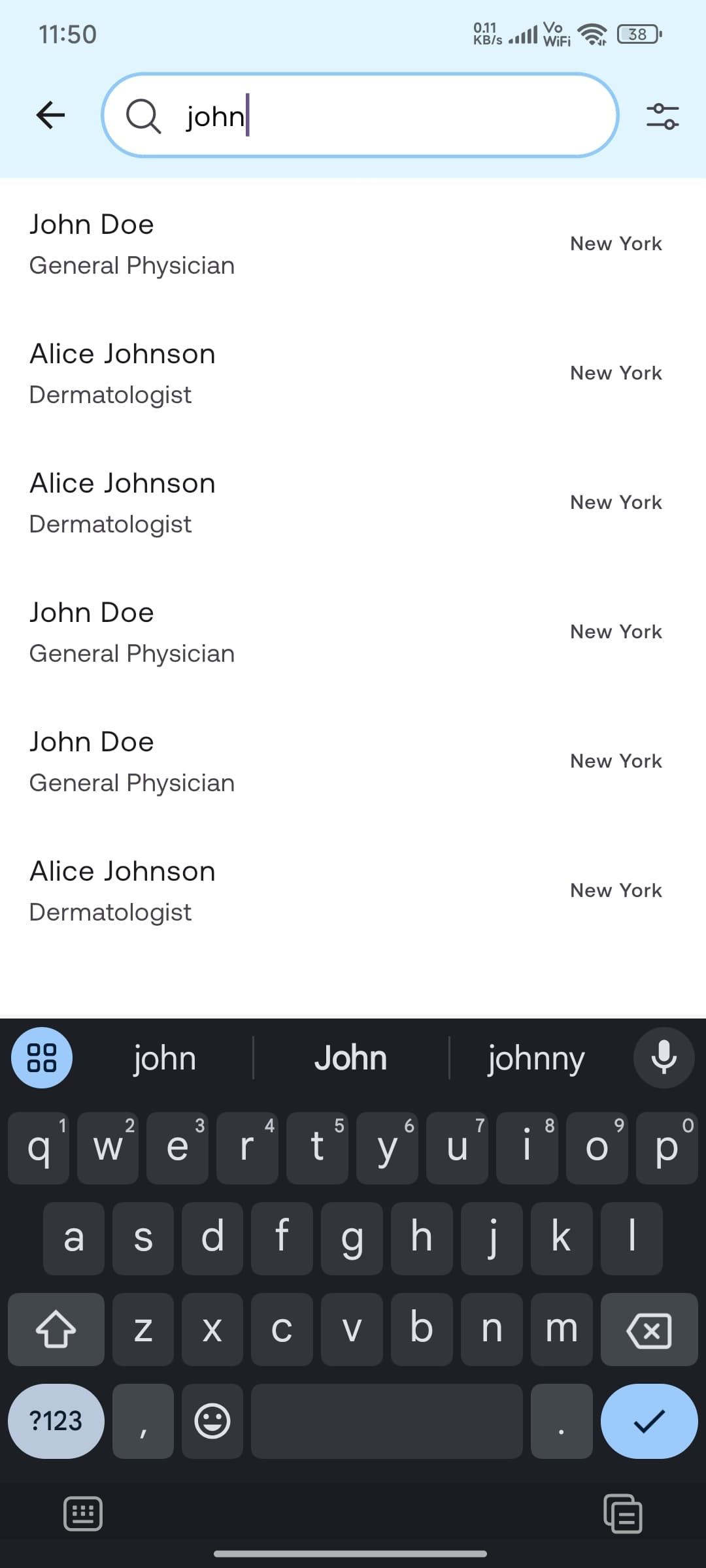 Search medical specialists interface